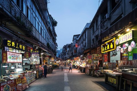 Restaurant street near central market of xiamen city china at night