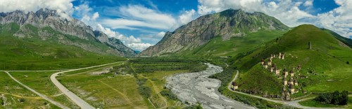 Aerial panorama of Dead Town Dargavs In North Ossetia. The ancient cemetery of the Alans. Many