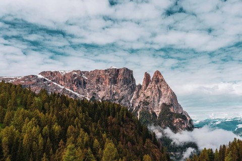 Panoramic view of Mount Sciliar from Alpe di Siusi in the Dolomites in South Tyrol, Italy, Europe
