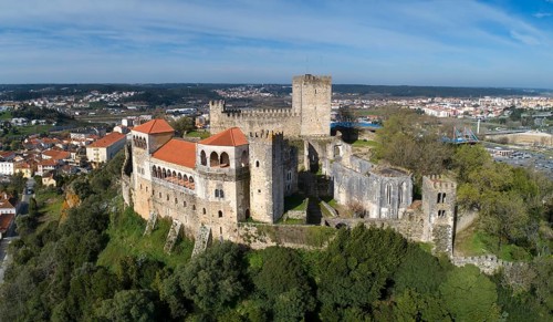 Aerial view on Medieval Templar Knights Castle built on top of a hill, Leiria, Portugal, Europe