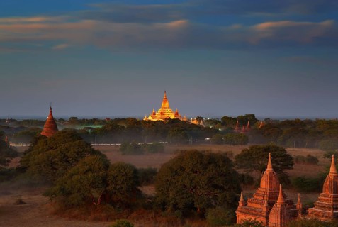 Landscape with illuminated Temples of Bagan in dusk after sunset, Myanmar (Burma)