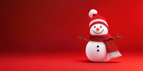 Cute snowman with knitted hat and scarf on red background with copy space. Generative AI, AI