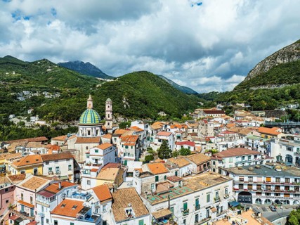 Vietri sul Mare from a drone, Amalfi Coast, Salerno, Campania, Italy, Europe