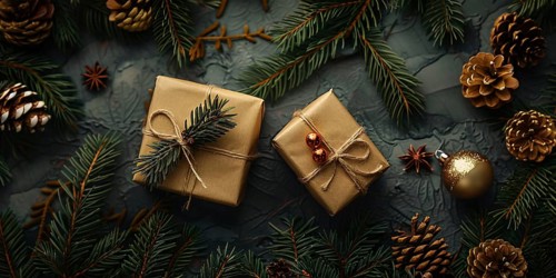Top view of Christmas gift boxes wrapped in brown craft paper with berries and fir branches.