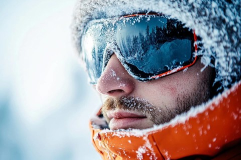 Close up of man's face with large skiing sunglasses and hat in winter. Generative Ai, AI generated