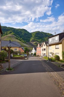 Brunnenstraße with houses and vineyards under a blue sky with white cumulus clouds in Bremm,