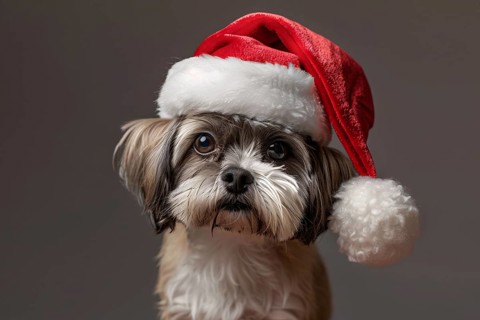 Cute dog with red santa hat in front of dark studio background. Generative Ai, AI generated