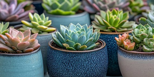 Banner with different small succulent house plants in flower post. Generative AI, AI generated