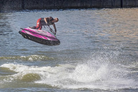 Harbour festival in Stuttgart. Spectacular jet ski and flyboard show on the Neckar. Stuttgart,