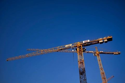 Cranes, Züblin construction cranes, construction site, logo, sky, blue, Stuttgart,