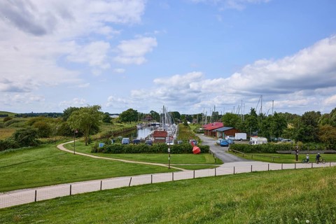 Harbour with sailing boats of the water sports club Varel e.V. in the town of Varel, district of