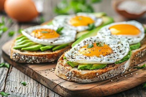 Slices of bread with avocado and fried egg. Generative AI, AI generated