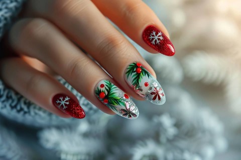 Woman's fingernails with red, green and white colored nail polish with seasonal Christmas design.