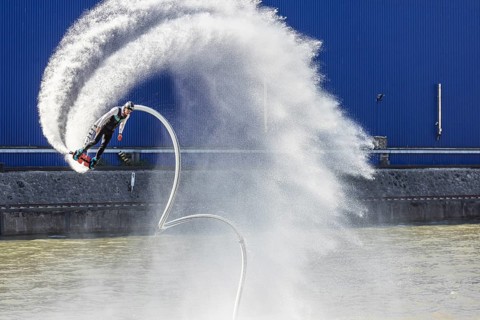 Harbour festival in Stuttgart. Spectacular jet ski and flyboard show on the Neckar. Stuttgart,