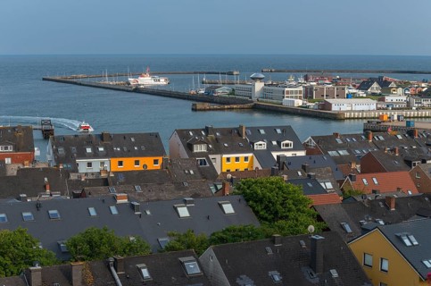 View from the Helgoland Oberland over the roofs in the Unterland, the industrial area and the