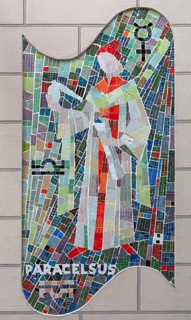 Modern mosaic picture of Paracelsus on the facade of a pharmacy, Bad Kissingen, Lower Franconia