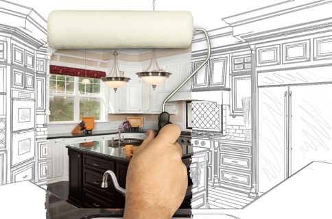 Before and after of man painting roller to reveal custom kitchen photograph under pencil sketch