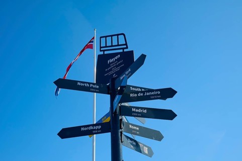 Black signpost in front of a blue sky and a Norwegian flag, with directions to various cities and