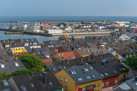 View from the Helgoland uplands over the roofs in the lowlands to the inland roadstead, harbour,