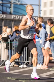 Jacob Sommer Simonsen Denmark on Potsdamer Platz at the 50th BMW Berlin Marathon 2024 on 29