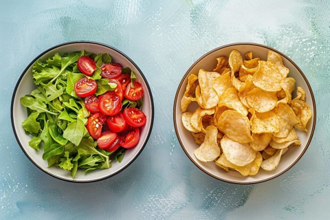 Comparison of healthy and unhealthy food with potato chips on one side and salad on other side.