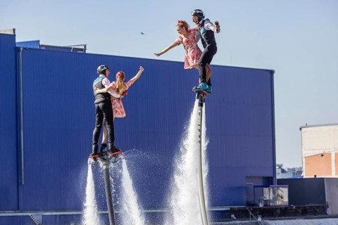 Harbour festival in Stuttgart. Spectacular jet ski and flyboard show on the Neckar. Stuttgart,