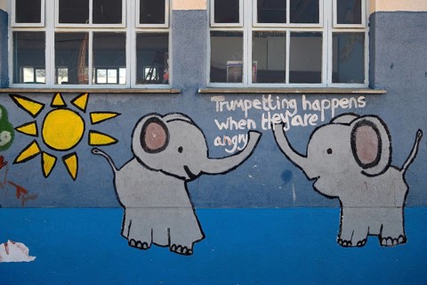 Mural painting at Gariseb Primary School, boarding school for 350 children, elephants, Anixab, Ugab