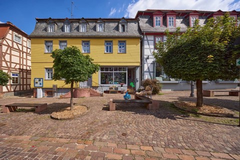 Historic buildings with trees on Braunstraße, city centre of Michelstadt, Odenwald, Odenwaldkreis,