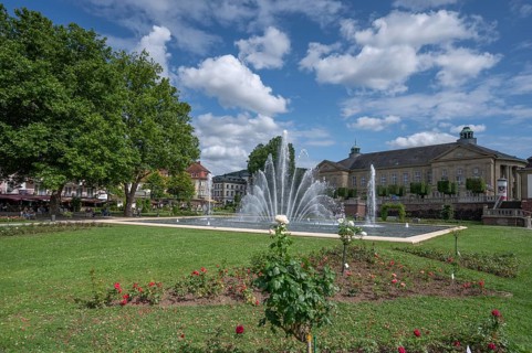 Large fountain in Luitpoldpark, behind the Luitpoldbad, Bad Kissingen, Lower Franconia, Bavaria,