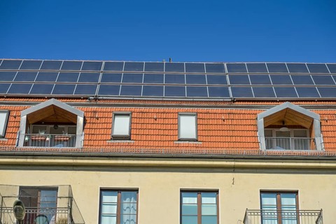 Residential building with solar roof, Alt-Moabit, Mitte, Berlin, Germany, Europe