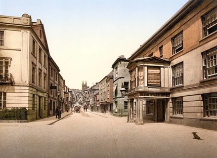 Fore Street, Totnes, England, Historic, digitally restored reproduction from a 19th century