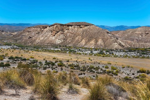Mountainous hilly landscape with dry vegetation and a clear blue sky, Llano de Buho, Tabernas