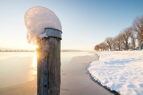 A snow-covered wooden post at the edge of a frozen body of water, trees in the background,