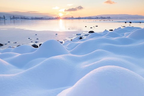 Snow-covered stones on a wintry lake at sunrise, clouds in the sky, Seegarten, Allensbach, Lake