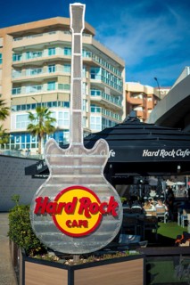 Malaga, Spain, April 2023: View on outdoors guitar of the Hard Rock Cafe in Malaga, Spain, Europe