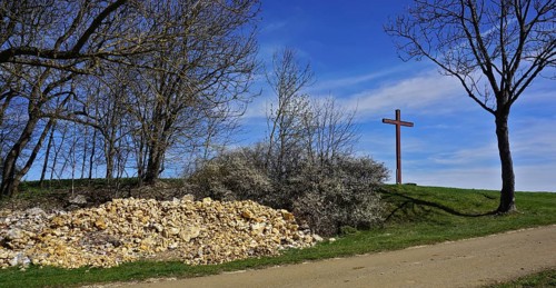 Fieldstone camp and wayside cross on the Swabian Alb, Baden-Württemberg, Germany, Fieldstone camp