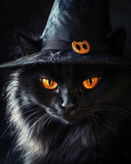 A large fluffy black cat with glowing amber eyes, wearing a tall witch's hat AI generated