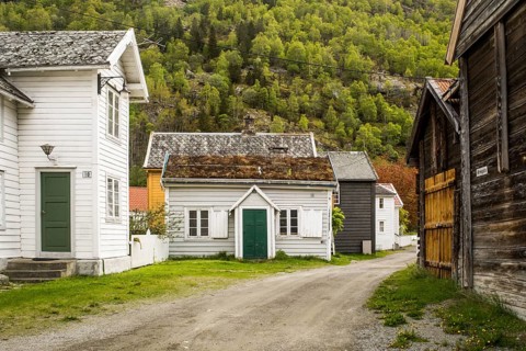 Laerdal, Sogn og Fjordane, Norway, May 2015: street scene with typical and historical houses of