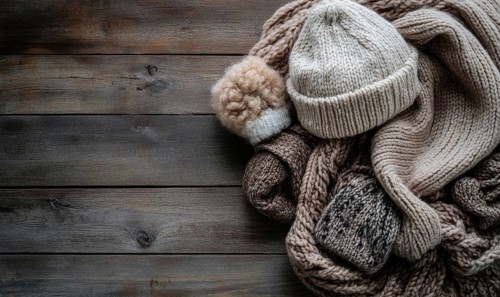 Vibrant knitted hats on a rustic wooden background AI generated
