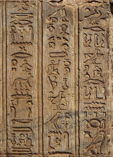 Ancient egypt hieroglyphics on wall in temple