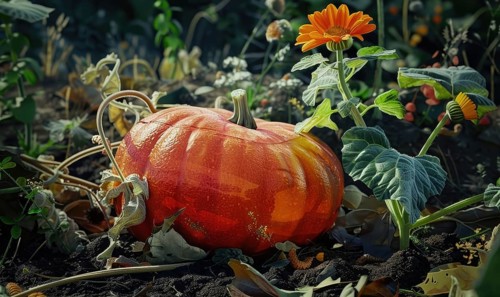 A close-up of a pumpkin vine with a focus on a single large pumpkin AI generated