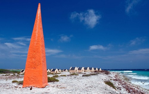 Slave huts Red Slaves and red obelisk, Netherlands Antilles, Bonaire