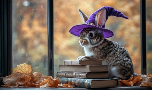 A spotted rabbit wearing a purple hat sitting near a stack of spell books AI generated