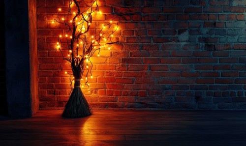 Witch's broom adorned with glowing garlands AI generated