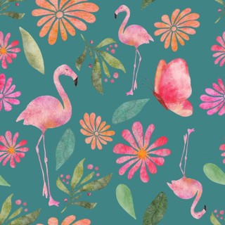 Seamless watercolor pattern illustration with butterflies, flamingos, flowers and leaves on dark