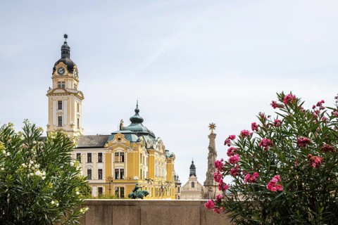 Historic city centre and central square with old historic buildings. Széchenyi Square in the centre