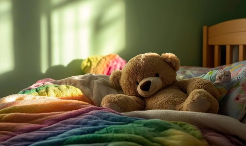 Plush bear nestled in blankets, rainbow-themed bedding, soft green walls AI generated