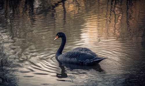Black swan floating on a quiet river, soft ripples and shadows reflecting on the water AI generated