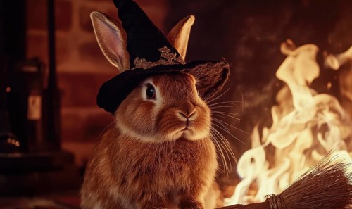A brown rabbit wearing a black pointed hat sitting next to a broomstick AI generated