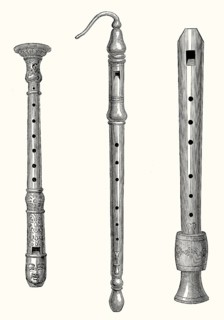 Various forms of old woodwind instruments, Ivory flute, beak flute, bass flute